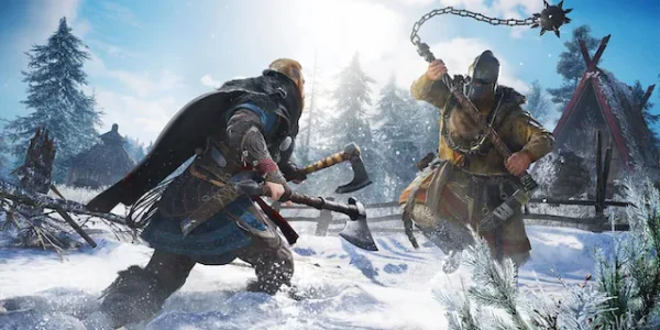 assassins-creed-valhalla-viking kämpft im Schnee assassins-creed-valhalla-viking kämpft im Schnee gegen Morgenstern